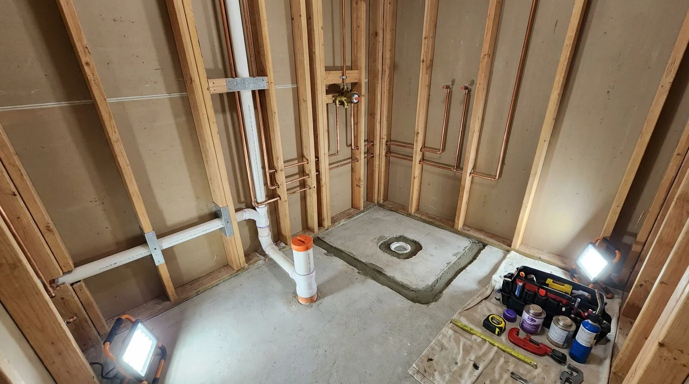 Bathroom rough-in plumbing during remodel by Johns Plumbing LLC in New Paris