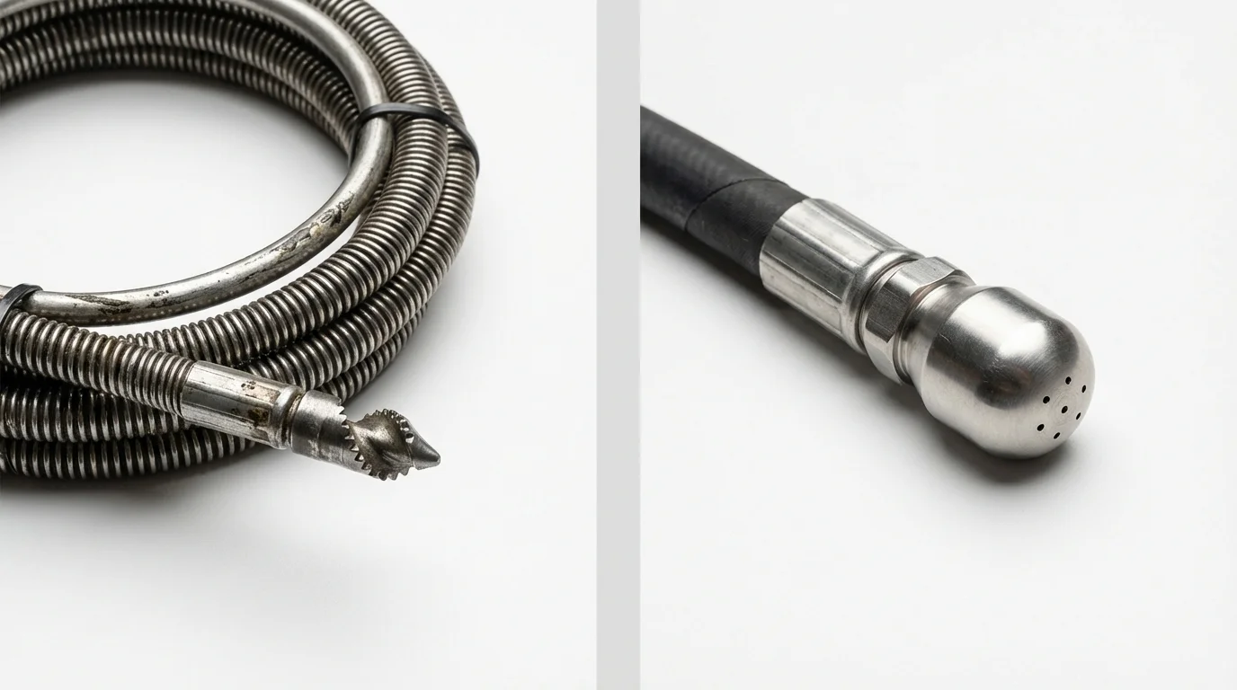 Drain snake cable and hydro jetting nozzle used for drain cleaning in New Paris, OH