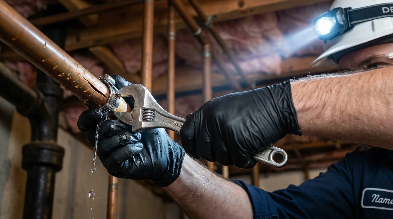 Emergency pipe clamp repair being performed by a Johns Plumbing LLC plumber in New Paris