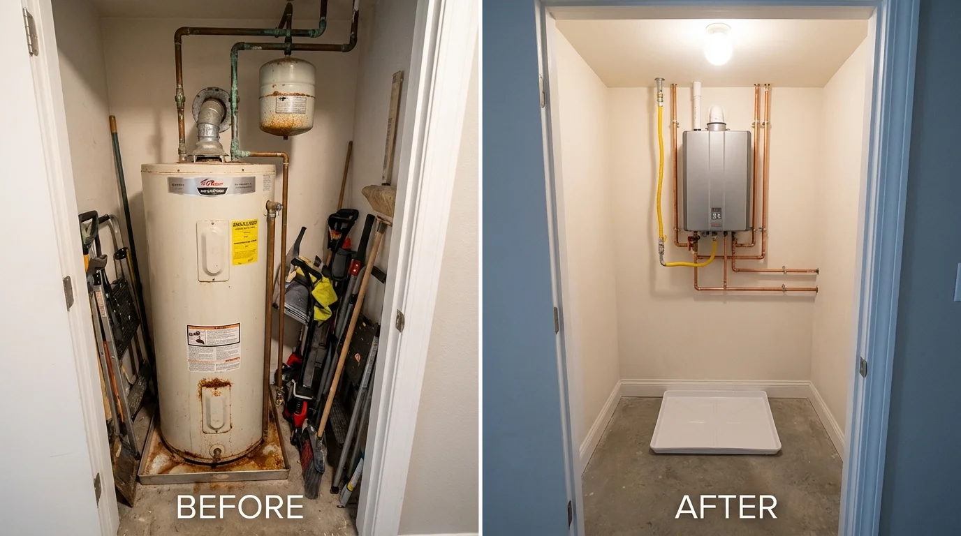 Tank water heater versus wall-mounted tankless unit comparison for New Paris, OH homeowners
