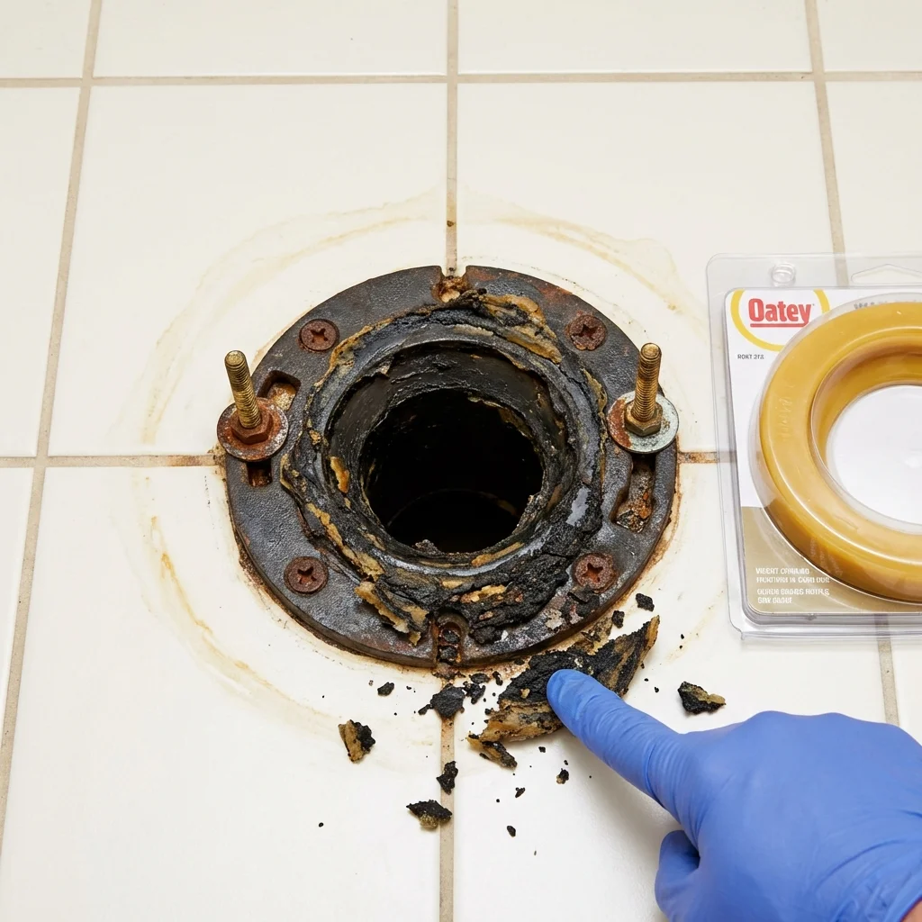 Failed wax ring showing water seepage at the base of a toilet in a New Paris, OH home