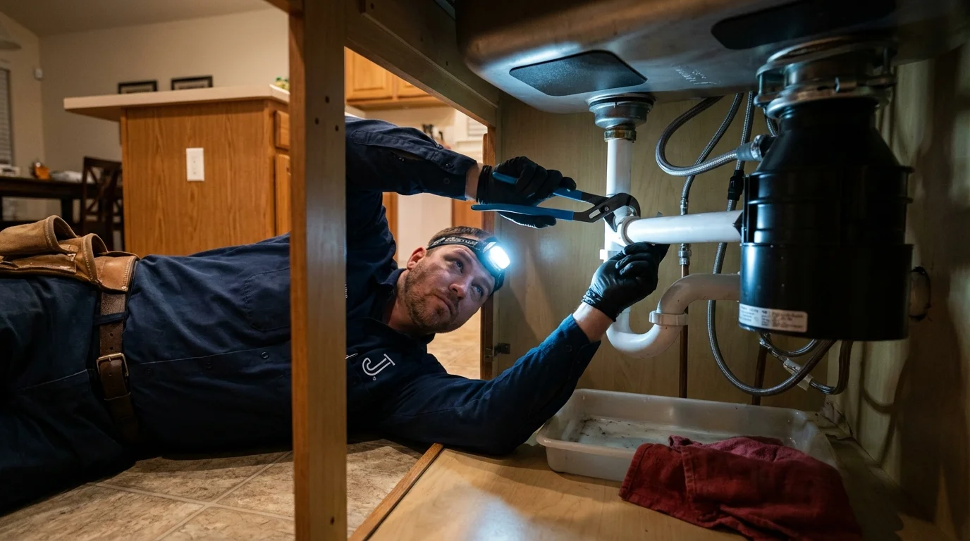 P-trap and supply line connections under a kitchen sink showing a common leak point in New Paris, OH